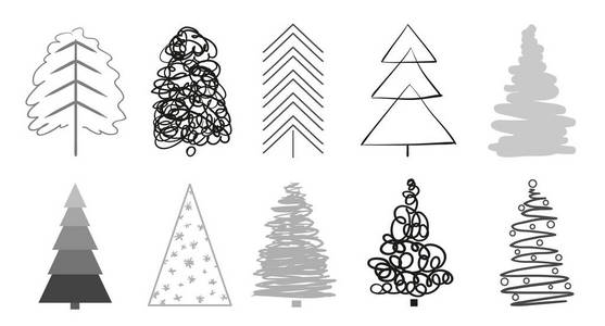 白色的圣诞树。设置为隔离背景设计。几何艺术。用于多边形海报t恤和纺织品的物体。黑白插图
