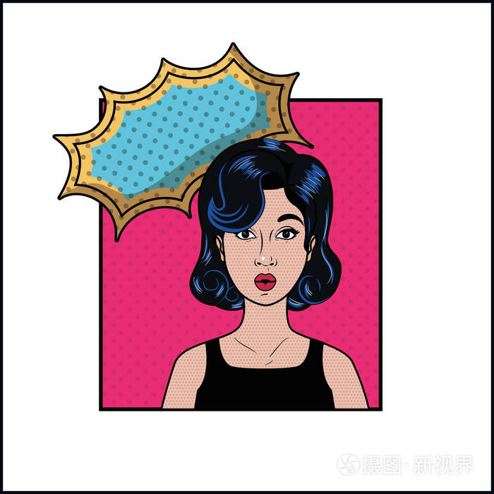 黑头发和演讲泡泡流行艺术风格的妇女插画-正版商用图片15zln7-摄图新
