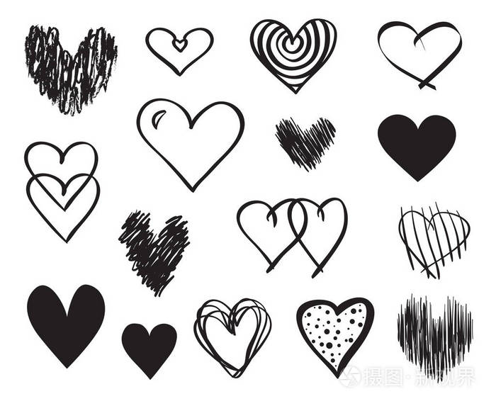 手绘的心在孤立的白色背景上. 一套爱的标志. 独特的设计插图.