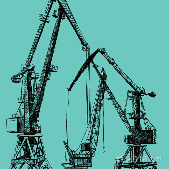 港口起重机机械建筑塔施工手绘草图插图浅蓝色背景上的