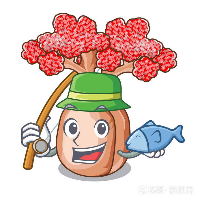 吉祥物瓶子树上的钓鱼平台矢量插图