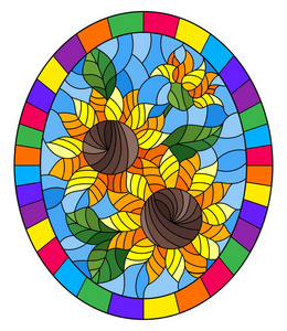 彩色玻璃图案中的插图，蓝色背景上的向日葵，明亮的框架图像