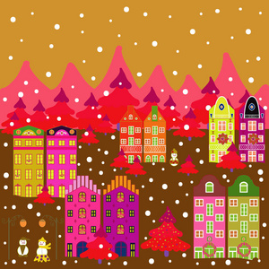 新年快乐。 矢量图。 黄色棕色和粉红色的可爱建筑。 带房子的圣诞贺卡。