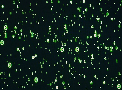 屏幕矩阵上黑色背景上随机大小的绿色零点和一位数