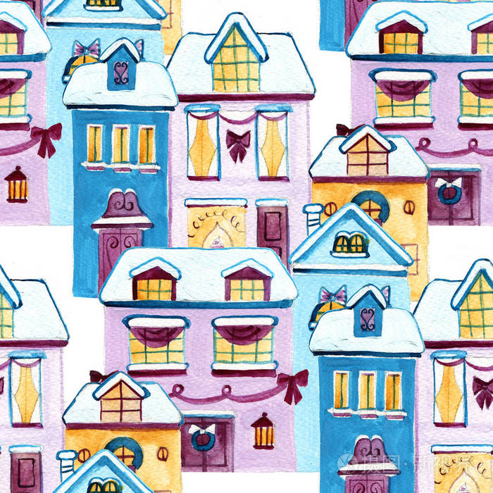 无缝的模式与可爱的卡通水彩画英国的房子在一排和树木手绘