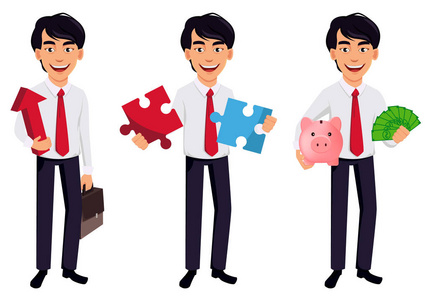 亚洲商人概念卡通人物在办公风格服装中的三种姿势。 英俊的商人拿着红色箭头拿着拼图，拿着钱和储蓄罐。 矢量插图