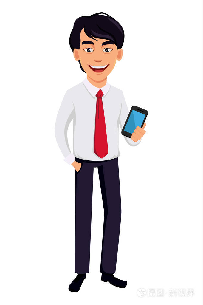 英俊的商人持有智能手机. 白色背景上的矢量插图.