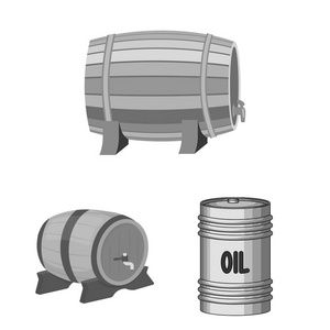桶和啤酒图标的向量例证。收集桶和桶股票符号的网络