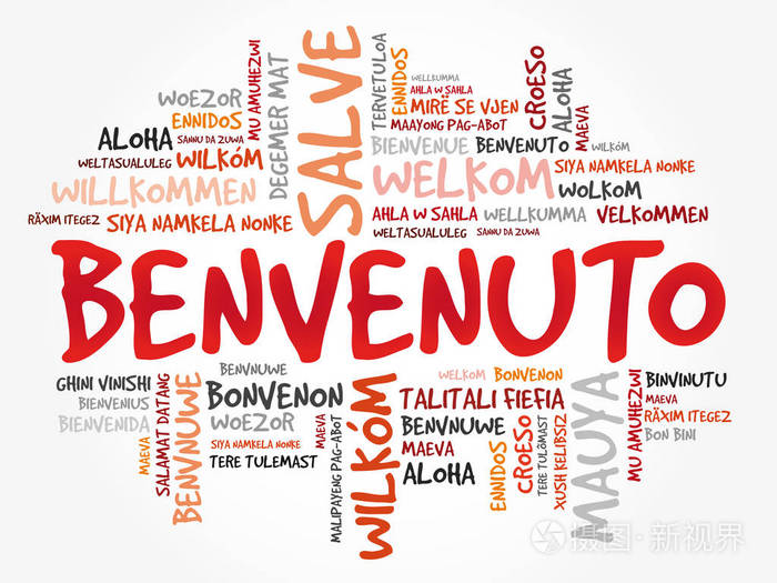 benvenuto欢迎使用意大利语不同语言的单词云概念背景
