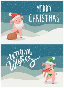 圣诞快乐温馨祝福明信片快乐猪图片