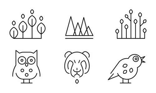 植物,鸟和动物头的汇集在线性样式, 森林装饰元素向量例证在白色背景