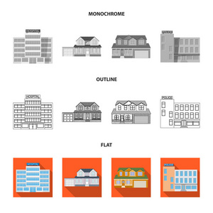 建筑物和前面符号的矢量设计。网站建筑和屋顶股票符号的收集