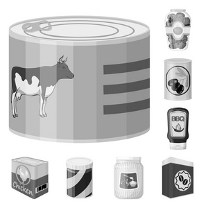 罐头和食物标志的向量例证。库存的 can 和包装矢量图标的集合