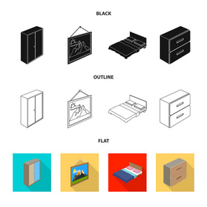 卧室和房间符号的矢量插图。库存的卧室和家具矢量图标收藏
