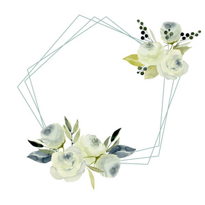 五边形框架与水彩，白色玫瑰，手绘白色背景婚礼设计