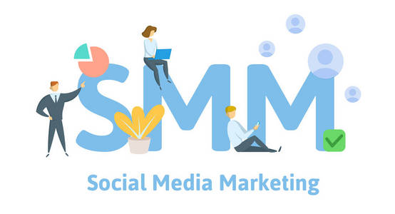 smm, 社交媒体营销技术。带有关键字字母和图标的概念。平面向量例证。隔离在白色背景上