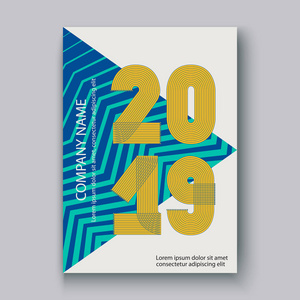 封面年度报告编号2019现代设计彩色霓虹灯字形背景垂直2019年在细线条纹孟菲斯Stille用钢笔矢量插图写。
