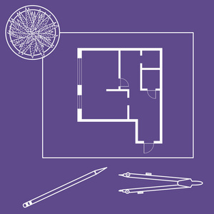 矢量插图与公寓计划罗盘铅笔仙人掌。 建筑项目。