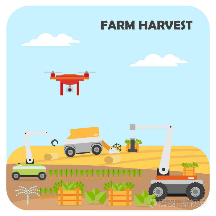插画 智能农业收获. 农业自动化和机器人与现代技术无线控制. 矢量图.