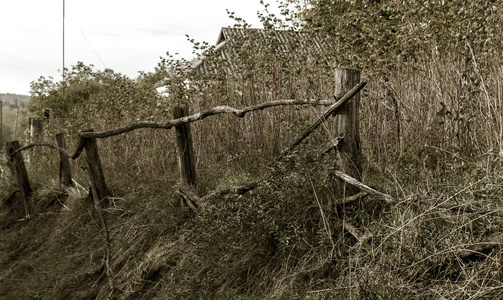 乡村景色，一个贫穷的乌克兰村庄，一个古老的木栅栏在农村。 传统的旧木栅栏作为乡村景观