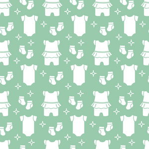 婴儿衣服的无缝图案。 矢量插图与滑动袜子紧身衣。 新生儿背景。