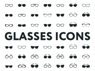 眼镜和太阳镜模型。 光学眼镜时尚镜头。 最小矢量平线图标设置。