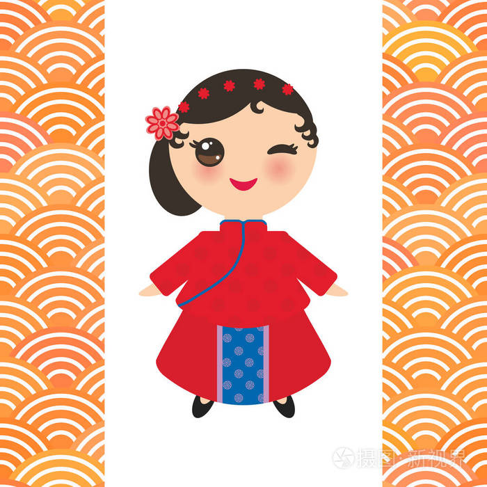 穿着民族服装和帽子的中国女孩卡通儿童穿传统中国服装用日本波对简单