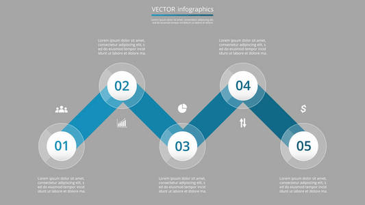 逐步的信息模板。 具有5个数字的演示幻灯片可用于工作流布局图图表编号选项Web设计业务演示培训。