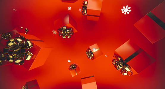 圣诞快乐, 新年快乐。背景与礼品盒。3d 插图。圣诞装饰元素