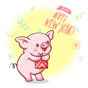 冬季插图与可爱的卡通猪与礼物。 向量