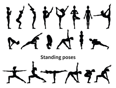 女人的剪影。 瑜伽姿势的收集。 阿萨纳套。 矢量图。 站立姿势