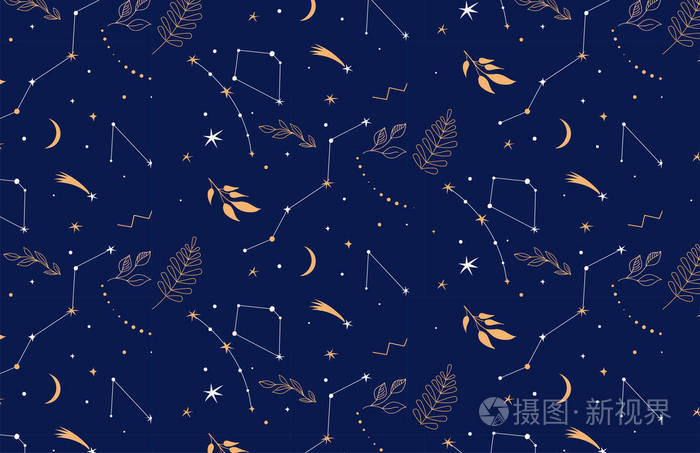 星座无缝模式 与星 植物和叶子的夜背景插画 正版商用图片160h3x 摄图新视界