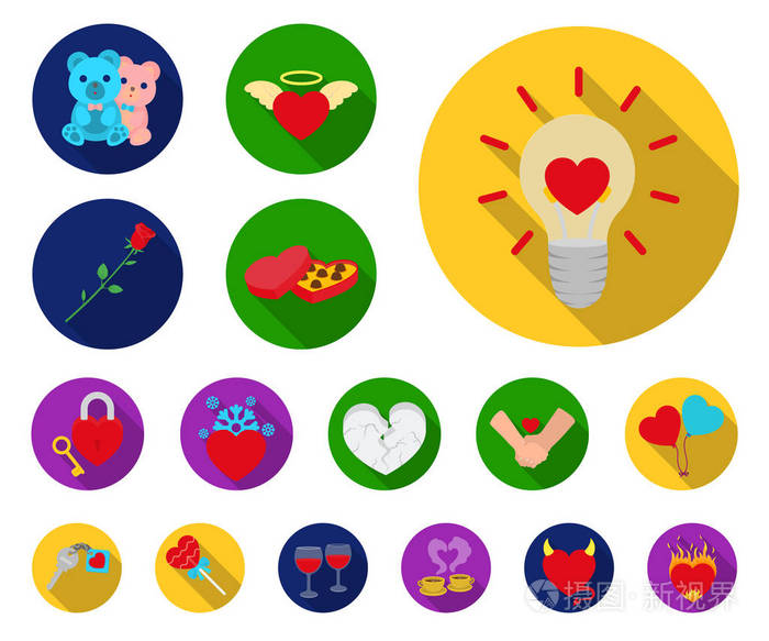 浪漫的关系平面图标集合中的设计.爱情与友情矢量符号股票网站插图