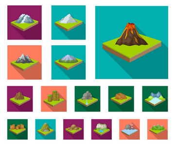 山区大量的平面图标在集合设计。 地球矢量的表面等距符号股票插图。