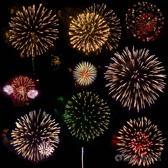 明亮的火花,节日的烟花,各种颜色和形状的夜空. 假日概念