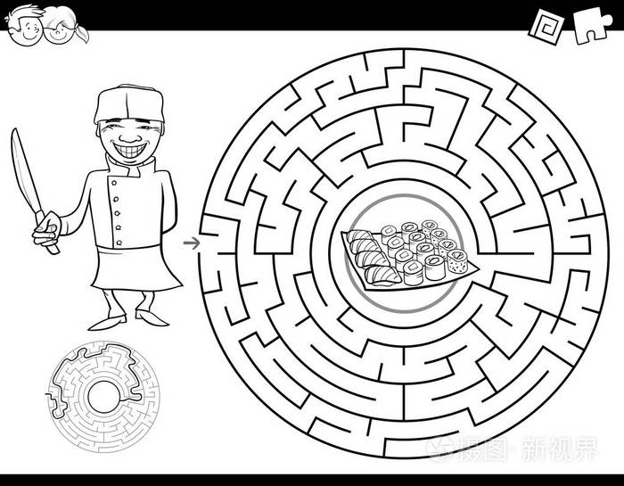 黑白卡通插图教育迷宫或迷宫活动游戏儿童厨师和寿司着色书