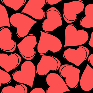 无缝的样式与红色心脏在黑色背景。浪漫壁纸, 纺织品, 服装, 包装纸。情人节