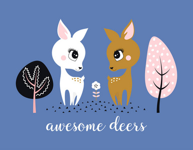 动物插图，可爱的小鹿，可用于儿童海报，卡片，婴儿T恤和任何明信片与卡通Deers，树木，花卉和文字。