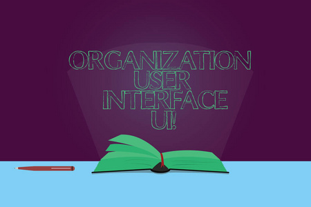 手写文本组织用户界面 ui。概念含义在线网站分析策略彩色书照片在桌子上的彩色页与笔梁和光束发光