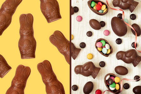 复活节背景与巧克力糖果在兔子, 鸡, 蛋和糖果的形状
