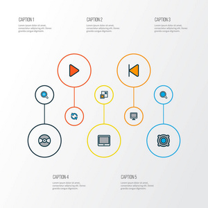 音乐图标彩色线设置同步, 显示, 扬声器和其他放大元素。独立的插图音乐图标