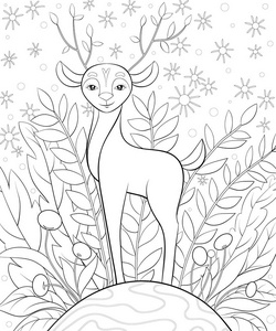 一只可爱的小鹿，在田野上有大角，有草和花的形象，可以放松。成人的彩色书页。印刷的线条艺术风格插图。海报设计。