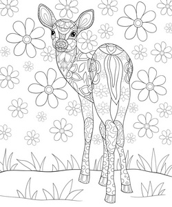 一只可爱的鹿，背景图像上有装饰品，供放松。成人用的彩色书页。六种艺术风格的插图。海报设计。