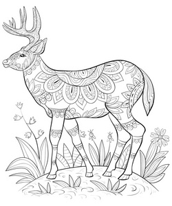 一只可爱的鹿，在野外的图像上有大角，以供放松。一本供成人使用的彩色书页。六种艺术风格的插图。海报设计。
