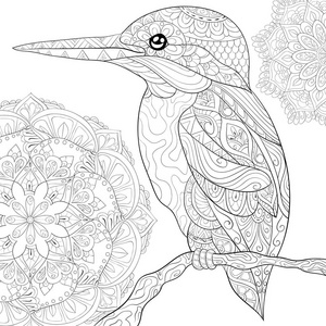 一只可爱的鸟在早午餐上的抽象背景图像上，用于放松活动。一的书页为成年人。打艺术风格插图为打印。海报设计。