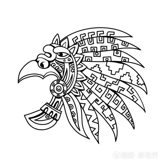 摄图新视界>插画>绘制素描风格的插图,一个阿兹特克羽毛头饰,一个华丽