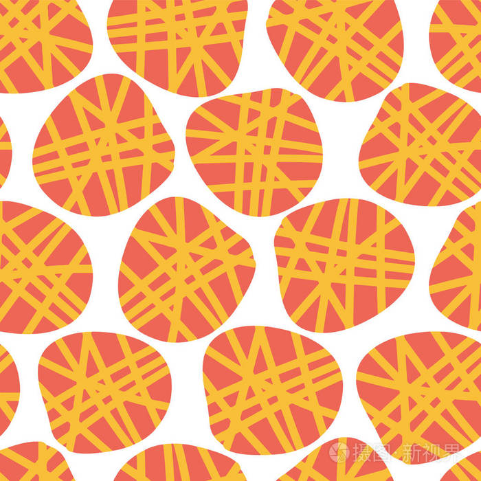 抽象不规则形状矢量无缝图案。 红色背景上的桃子和黄色点。 很适合织物印花纸项目和包装。