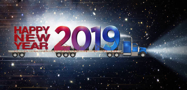 巨大的新年和2019年在一个半卡车平板设置在星空背景。 三维插图