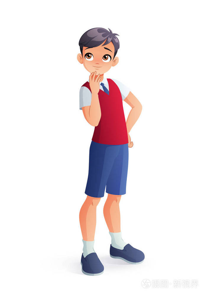好奇的年轻思考亚洲学生男孩被隔绝的向量例证