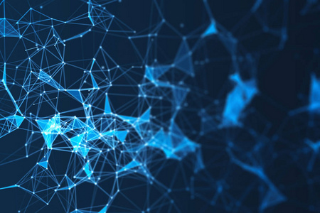 蓝色数字数据和网络连接三角线和球体的未来技术概念，黑色背景三维抽象插图